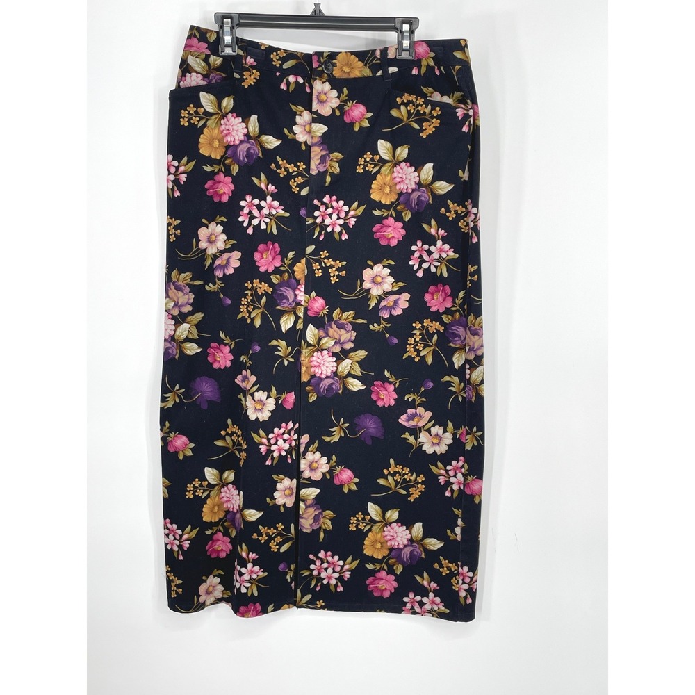 Jones New York Womens Skirt 12 Midi Black Floral Cotton Stretch Boho Cottagecore